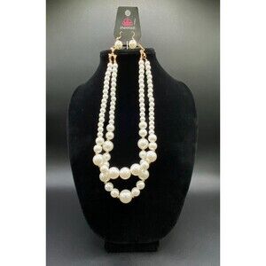 White Faux Pearl and Gold Tone Necklace With Earrings